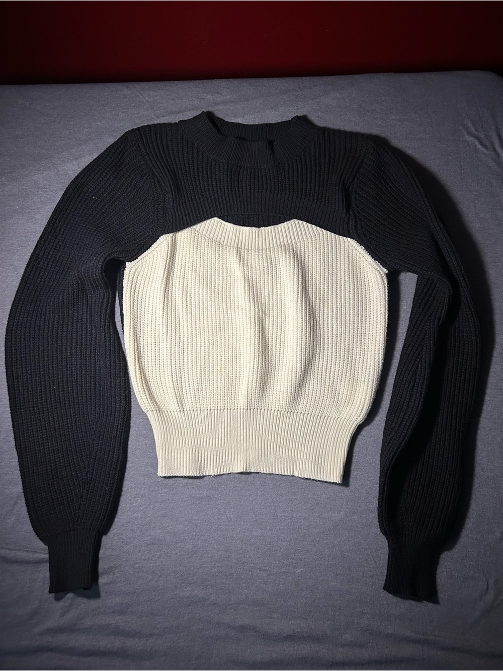 Vici Black and Cream Colorblock Ribbed Crew Sweater with Cut Out